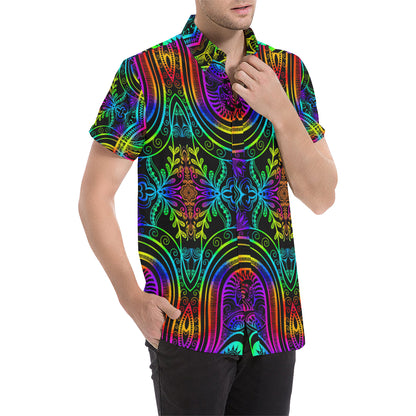 Neon Trible Rainbow Pattern Print Design A01 Men's Short Sleeve Button Up Shirt