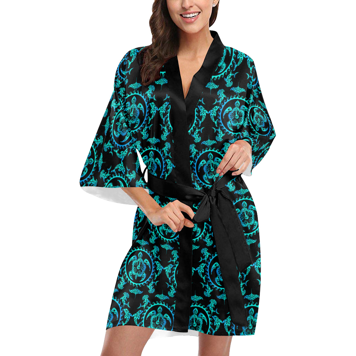 turquoise Tribal Sea Turtle Hawaiian Women's Short Kimono
