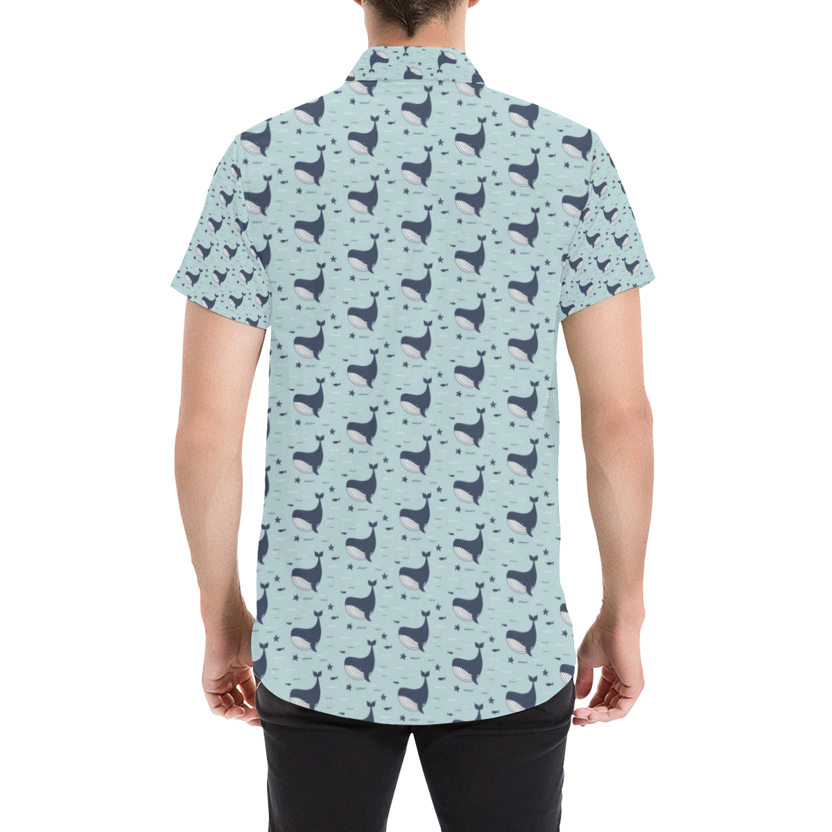 Whale Cute Design Themed Print Men's Short Sleeve Button Up Shirt