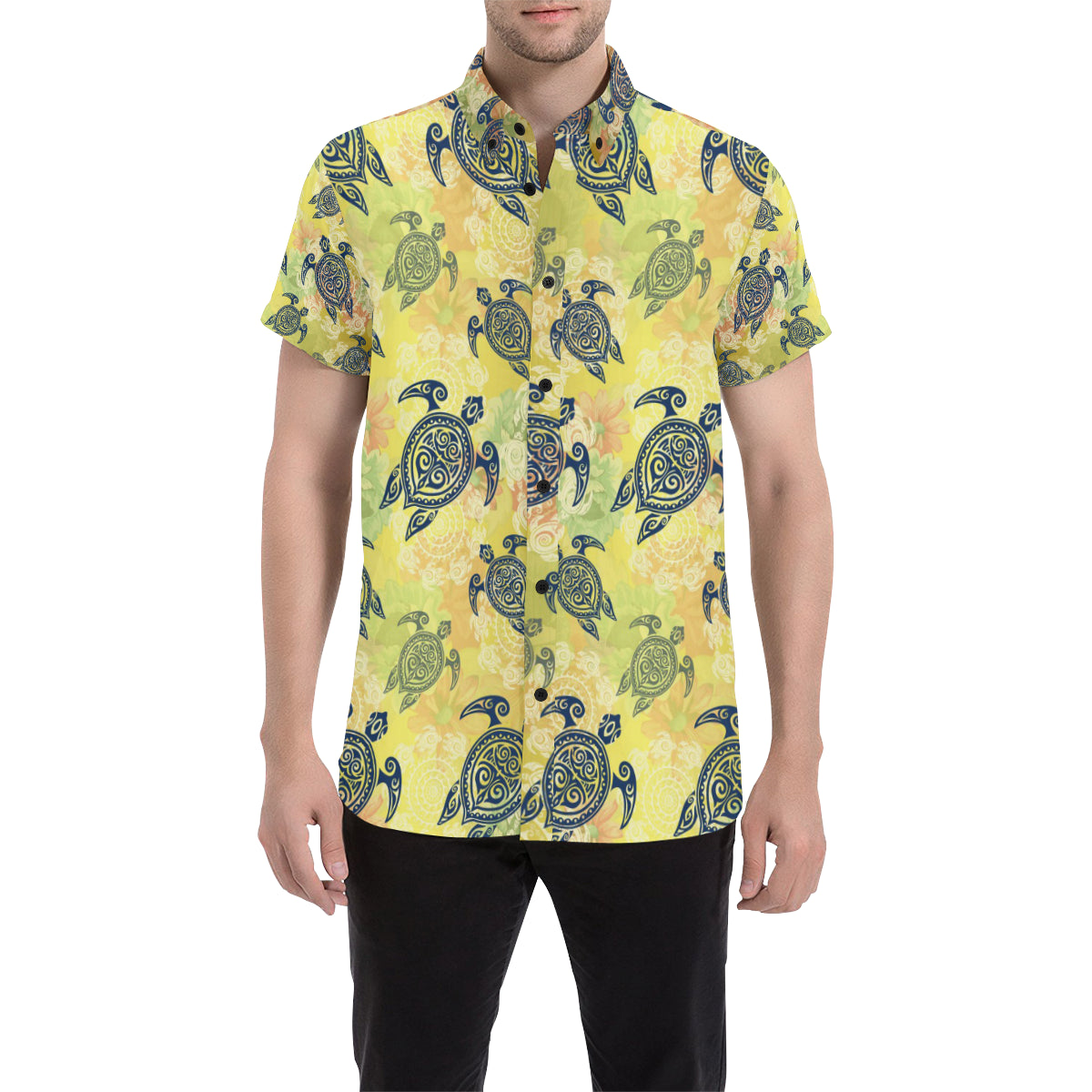 Hawaiian Turtle Tribal Design Print Men's Short Sleeve Button Up Shirt
