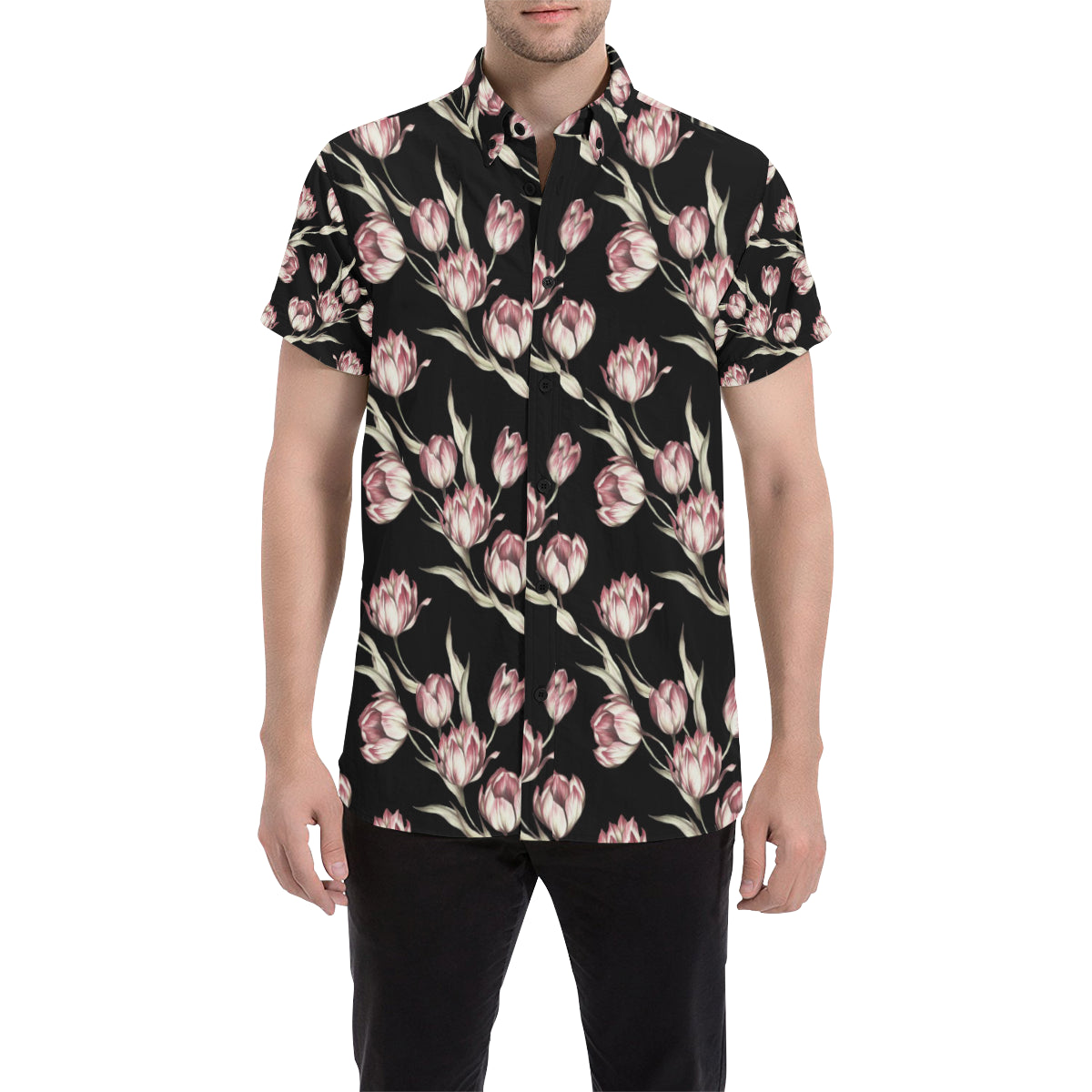 Tulip Pink Pattern Print Design TP02 Men's Short Sleeve Button Up Shirt