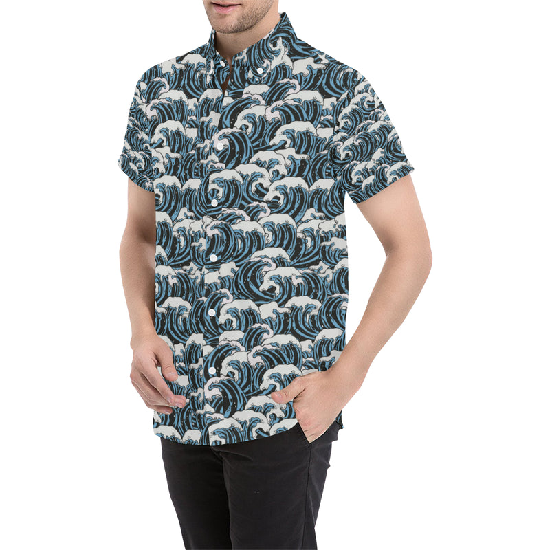 Surf Wave Pattern Print Men's Short Sleeve Button Up Shirt