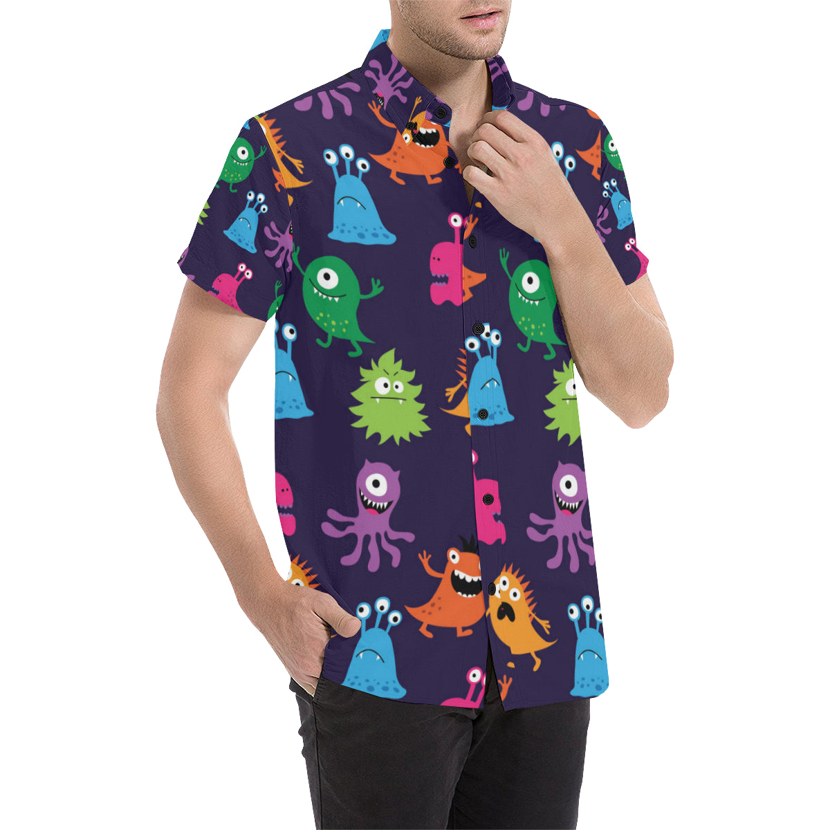 Monster Cartoon Pattern Print Design 02 Men's Short Sleeve Button Up Shirt