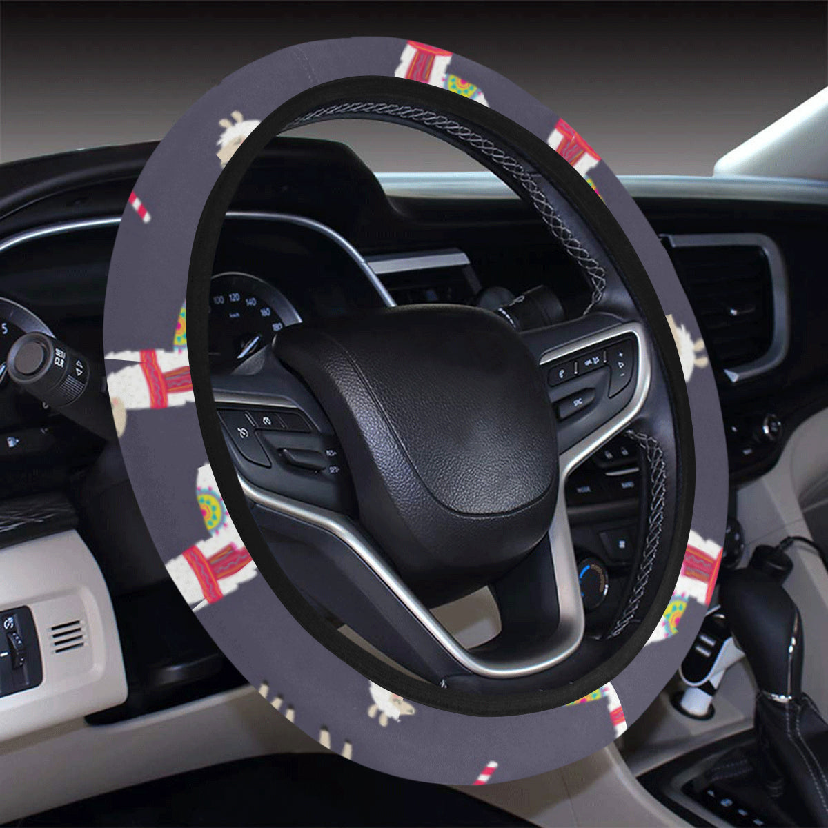 Llama with Candy Cane Themed Print Steering Wheel Cover with Elastic Edge