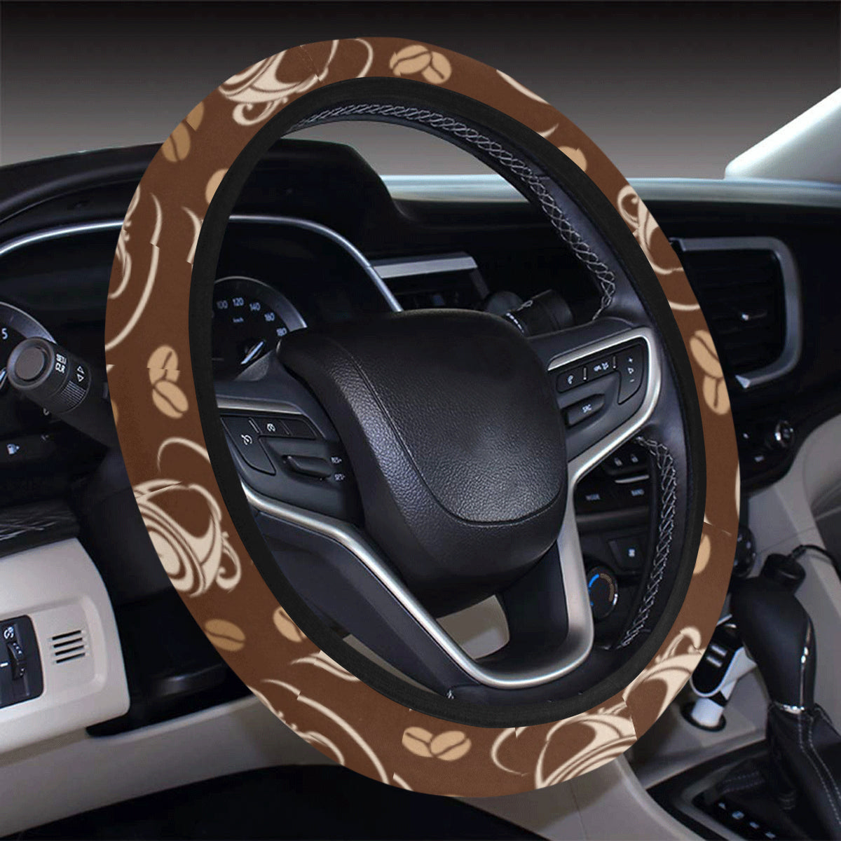 Coffee Pattern Print Design 03 Steering Wheel Cover with Elastic Edge