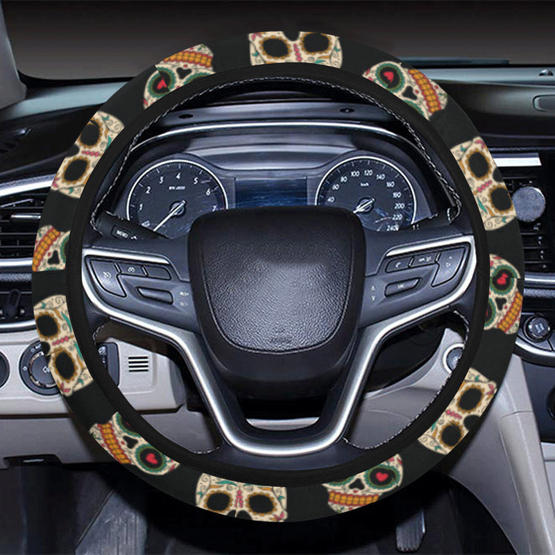 Sugar Skull Pink Bow Themed Print Steering Wheel Cover with Elastic Edge