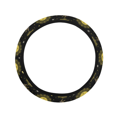 Sun Moon Golden Design Themed Print Steering Wheel Cover with Elastic Edge