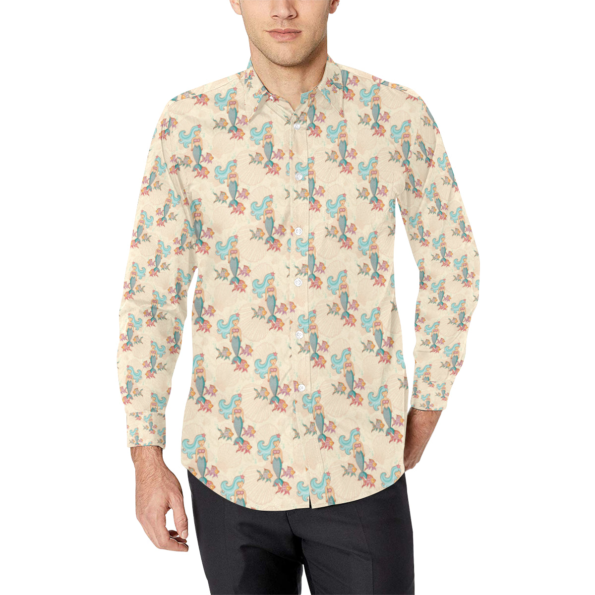 Mermaid Girl With Fish Design Print Men's Long Sleeve Shirt
