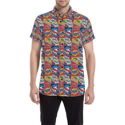 Comic Book Pattern Print Design 03 Men's Short Sleeve Button Up Shirt