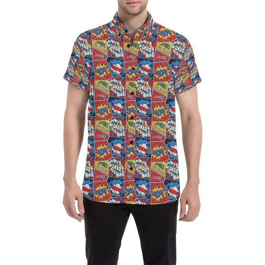 Comic Book Pattern Print Design 03 Men's Short Sleeve Button Up Shirt