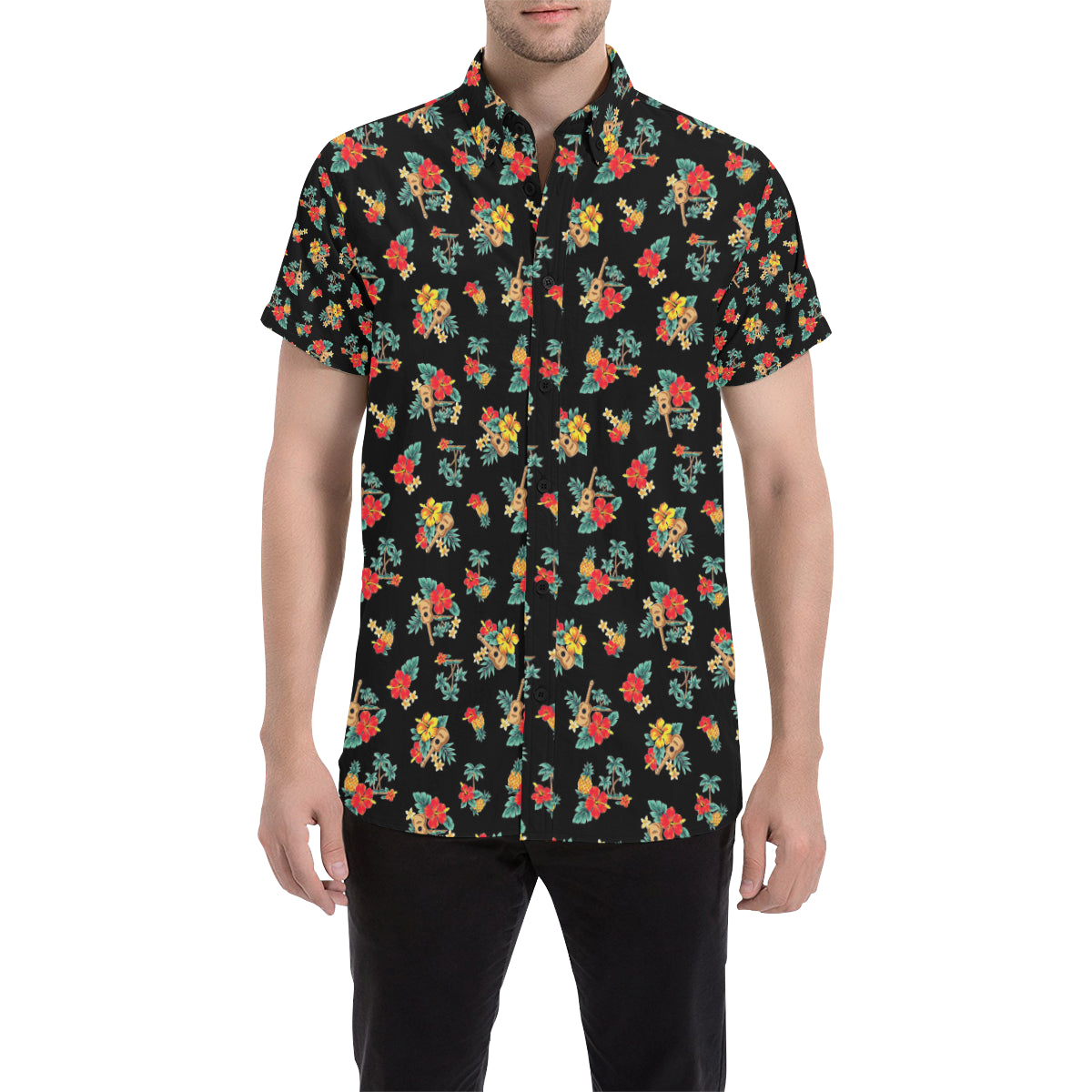 Hawaiian Flower Themed Print Men's Short Sleeve Button Up Shirt