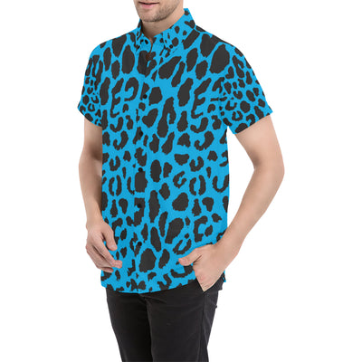 Cheetah Blue Print Pattern Men's Short Sleeve Button Up Shirt