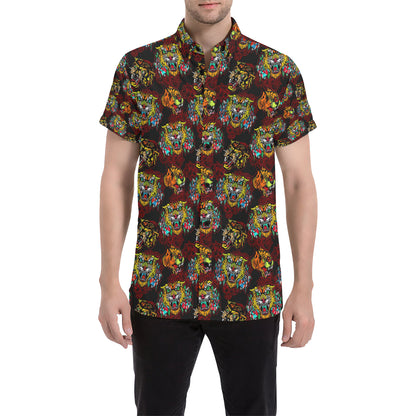 Tattoo Tiger Colorful Design Men's Short Sleeve Button Up Shirt