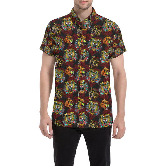 Tattoo Tiger Colorful Design Men's Short Sleeve Button Up Shirt