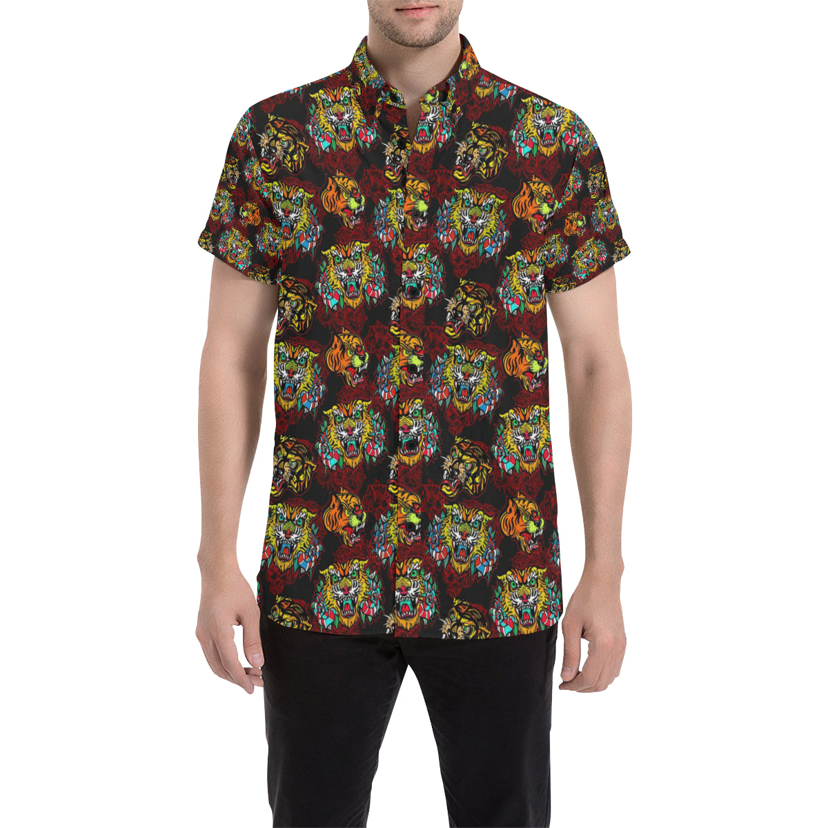 Tattoo Tiger Colorful Design Men's Short Sleeve Button Up Shirt