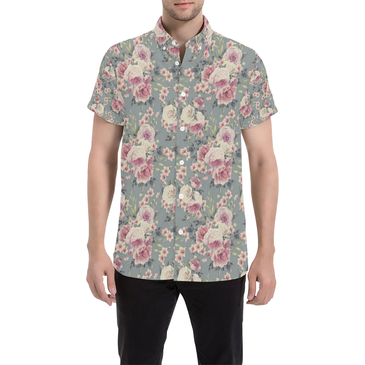 Peony Pattern Print Design PE05 Men's Short Sleeve Button Up Shirt