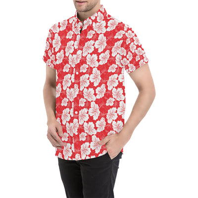 Flower Hawaiian Hibiscus Red Background Print Men's Short Sleeve Button Up Shirt