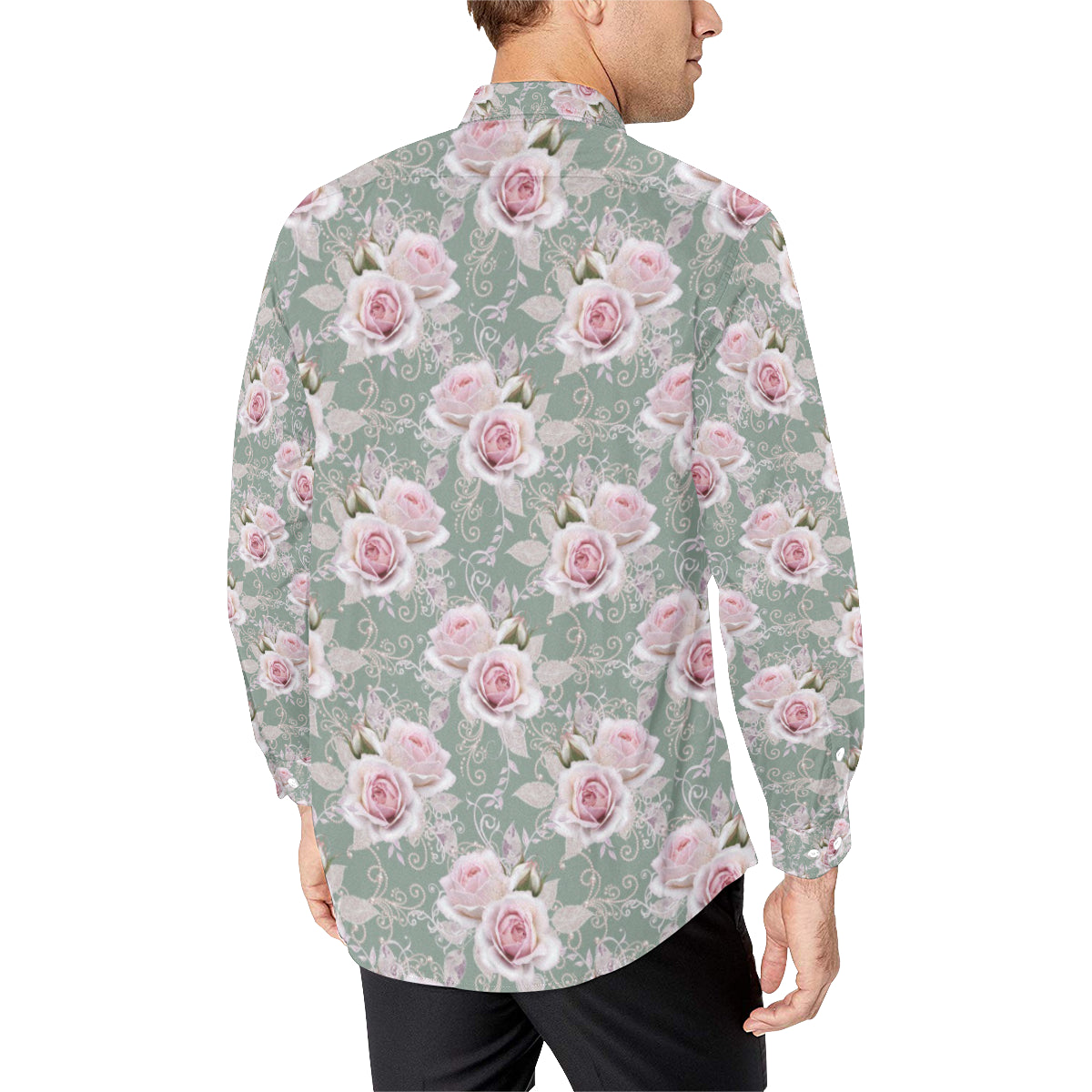 Rose White Pattern Print Design RO012 Men's Long Sleeve Shirt