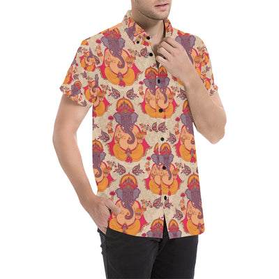 Ganesha Indian Pattern Print Design 02 Men's Short Sleeve Button Up Shirt