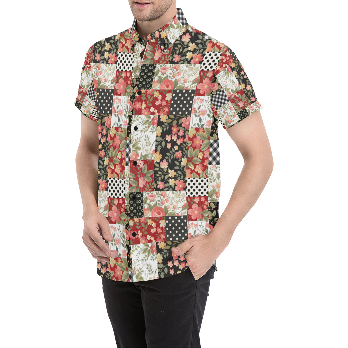 Patchwork Flower Pattern Print Design 03 Men's Short Sleeve Button Up Shirt
