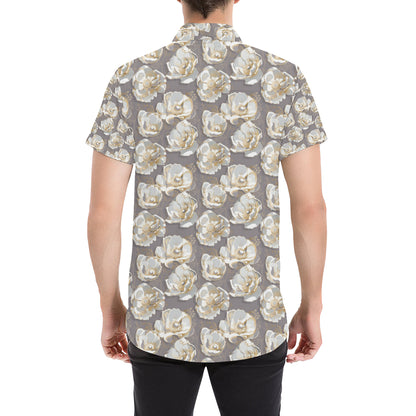 Elegant Grey Flower Print Men's Short Sleeve Button Up Shirt