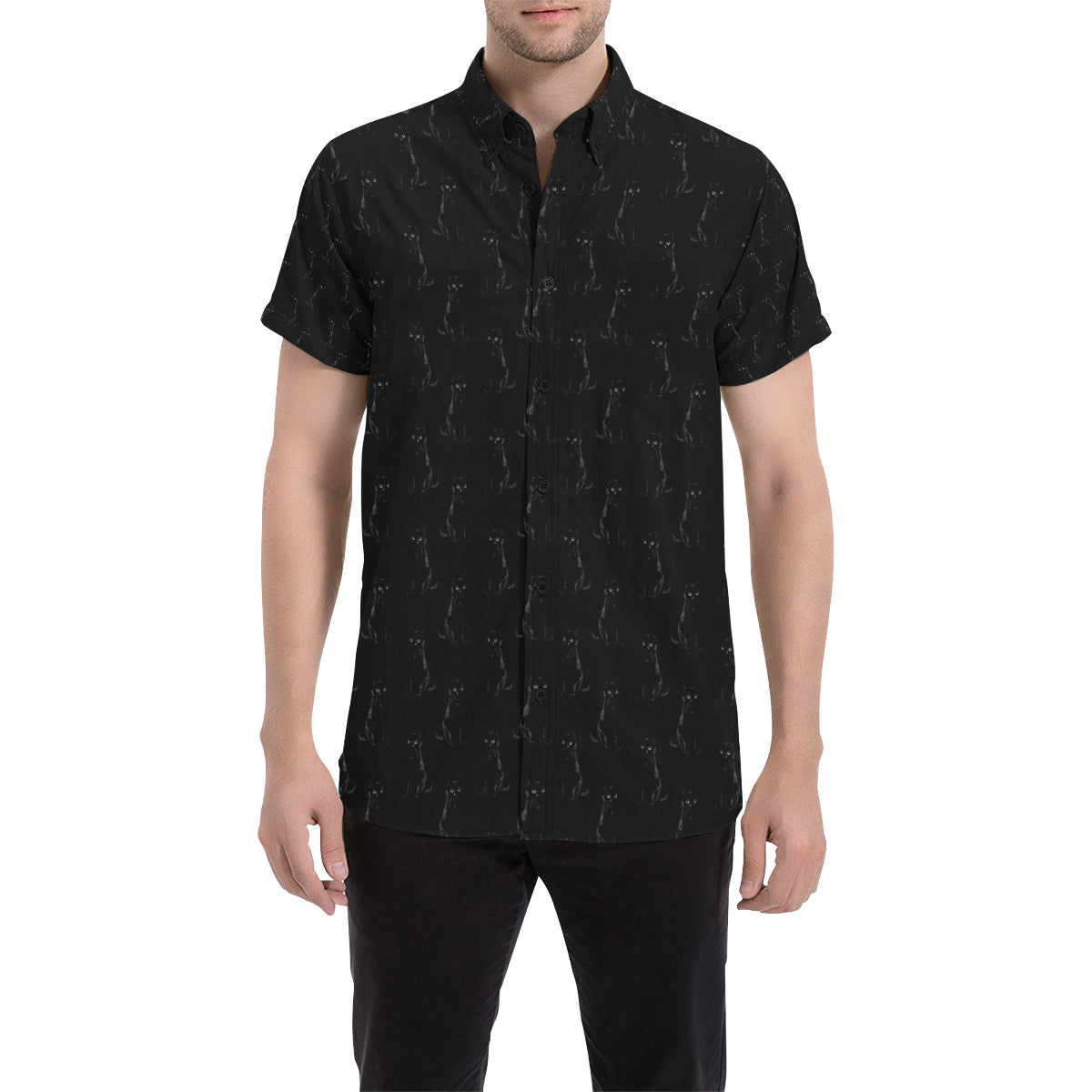 Black Cat Pattern Print Design 03 Men's Short Sleeve Button Up Shirt