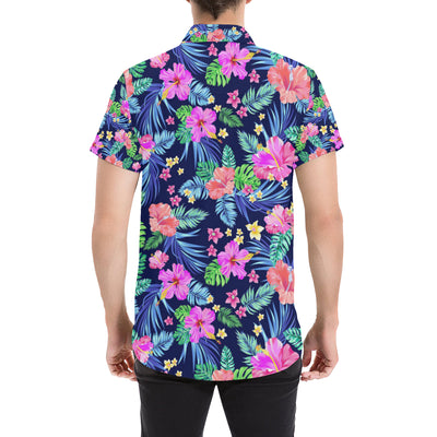 Neon Hibiscus Pattern Print Design HB016 Men's Short Sleeve Button Up Shirt