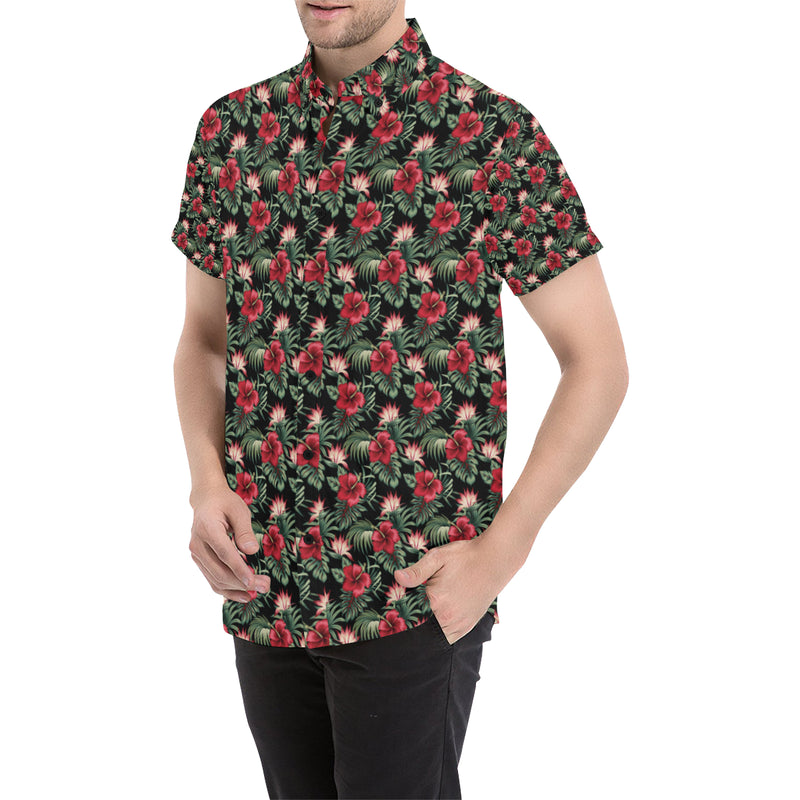 Flower Hawaiian Red Hibiscus Design Print Men's Short Sleeve Button Up Shirt