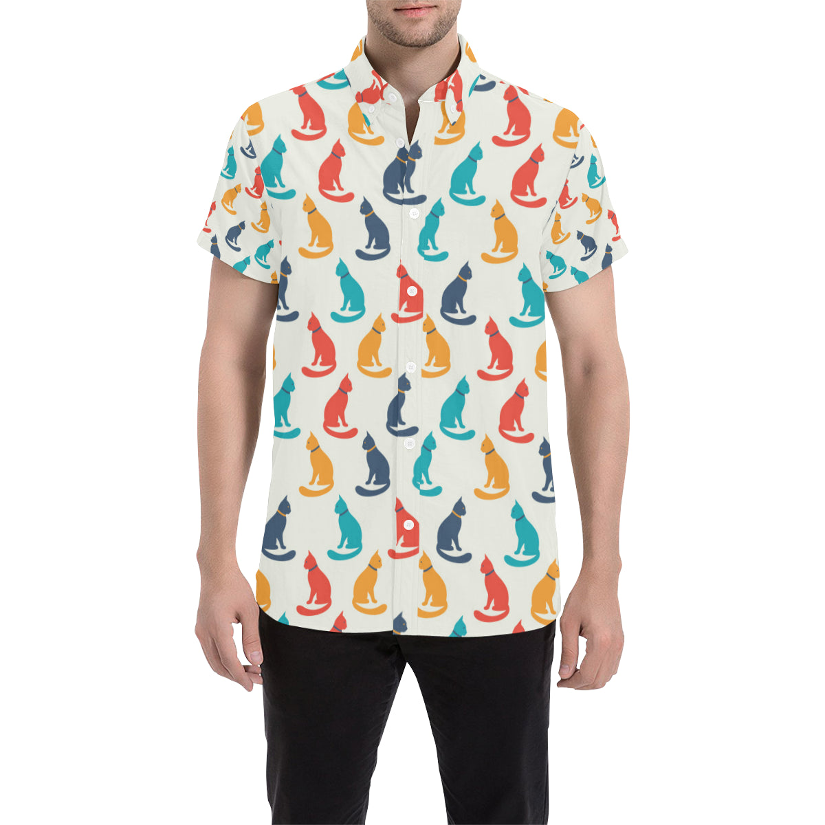 Cat Pattern Print Design 03 Men's Short Sleeve Button Up Shirt