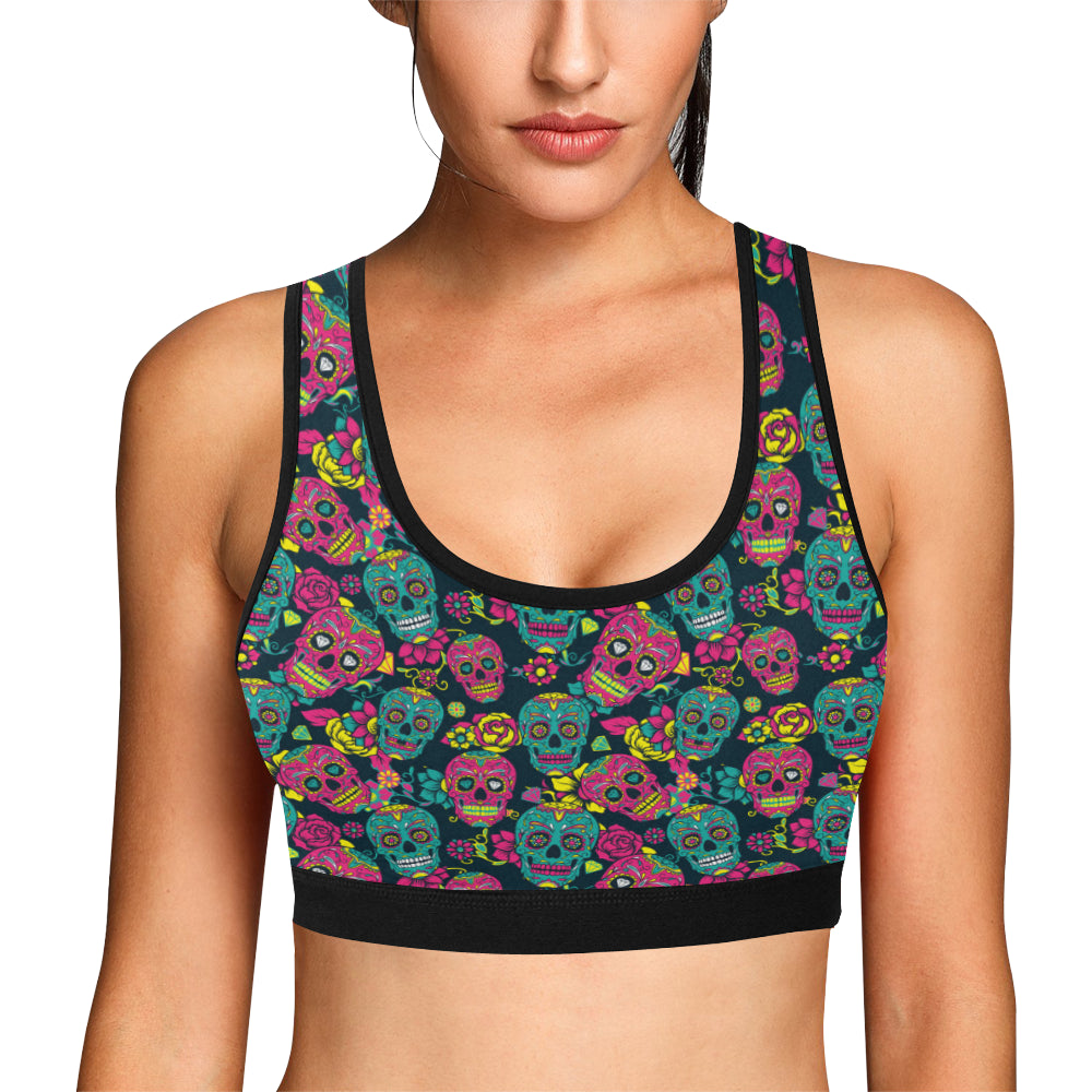 Sugar Skull Floral Design Themed Print Sports Bra - JorJune