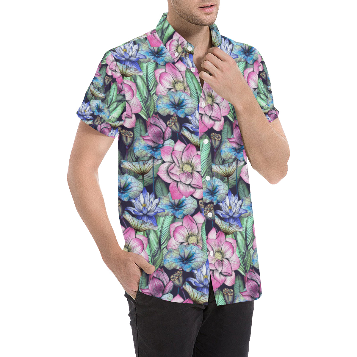 Water Lily Pattern Print Design WL07 Men's Short Sleeve Button Up Shirt