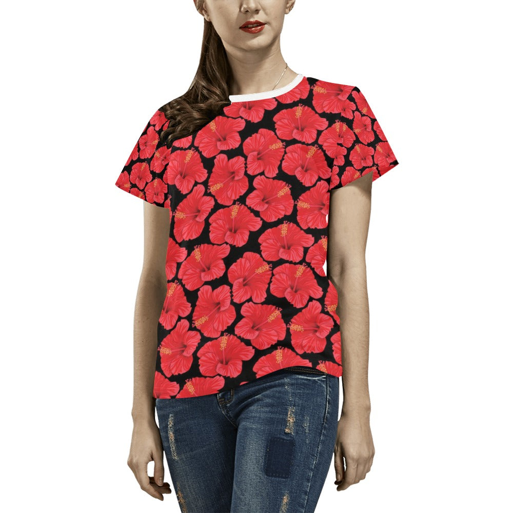 Hibiscus Red Pattern Print Design LKS306 Women's  T-shirt