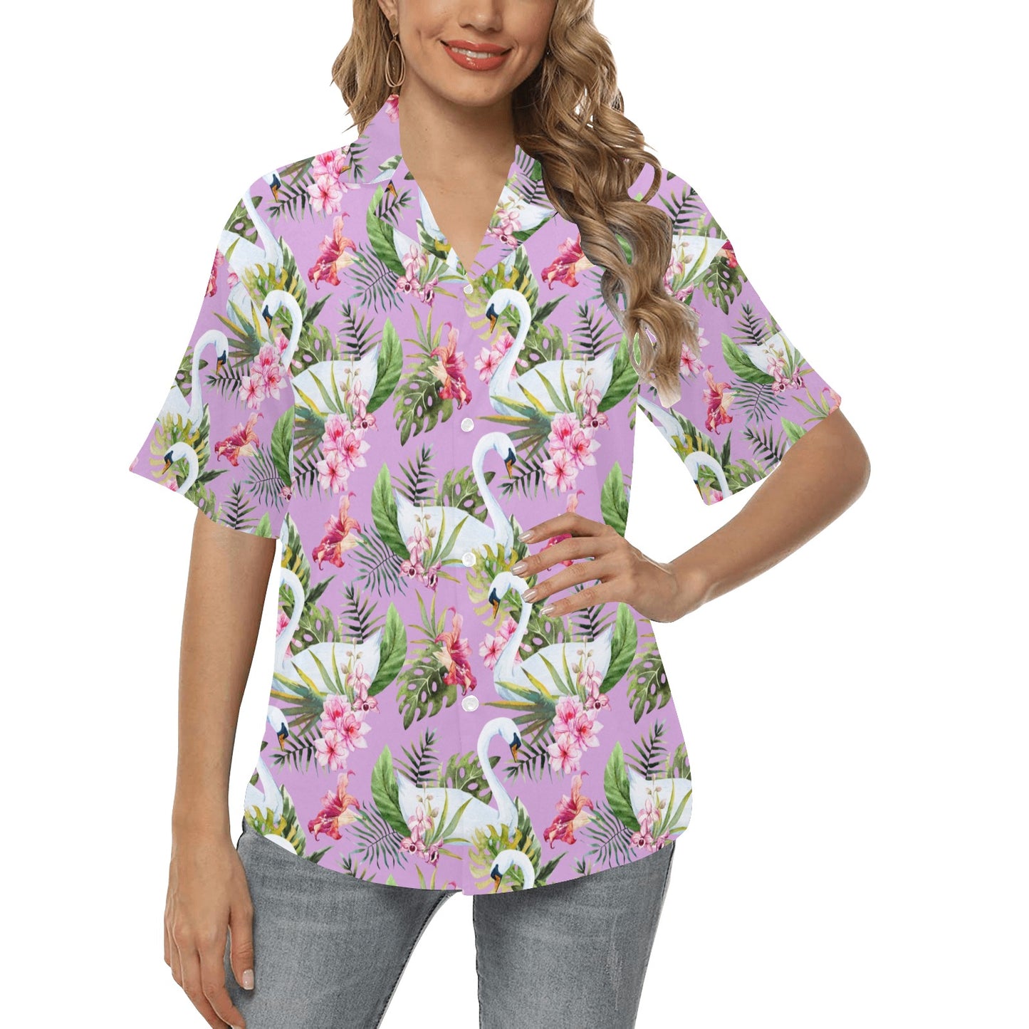 Swan with Flower Pattern Print Design 01 Women's Hawaiian Shirt