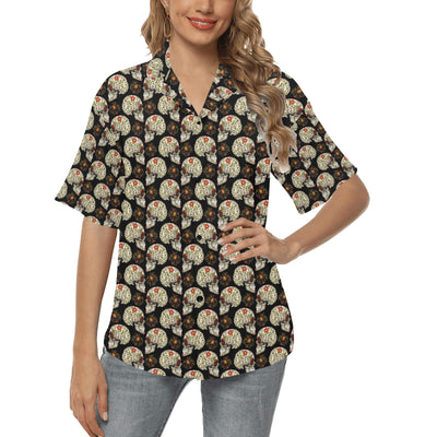 Sugar Skull Flower Design Themed Print Women's Hawaiian Shirt