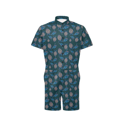 Sea Turtle Hand Drawn Blue Print Men's Romper