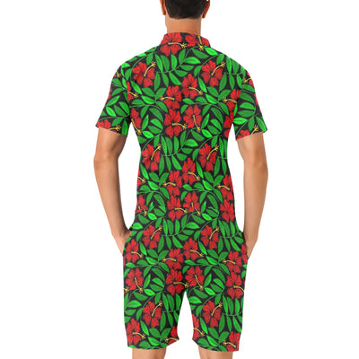 Red Hibiscus Embroidered Pattern Print Design HB032 Men's Romper