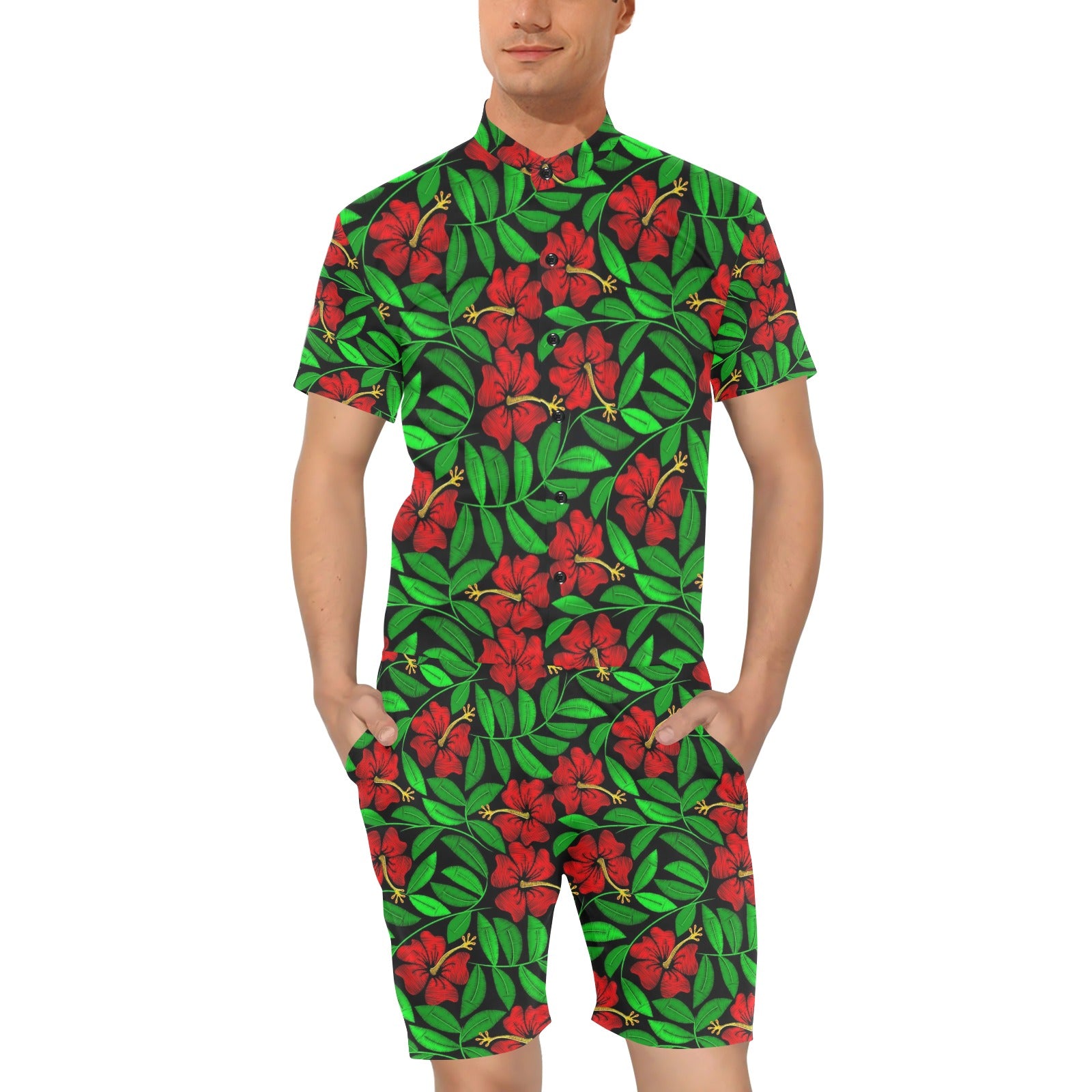 Red Hibiscus Embroidered Pattern Print Design HB032 Men's Romper