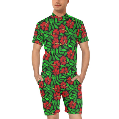 Red Hibiscus Embroidered Pattern Print Design HB032 Men's Romper