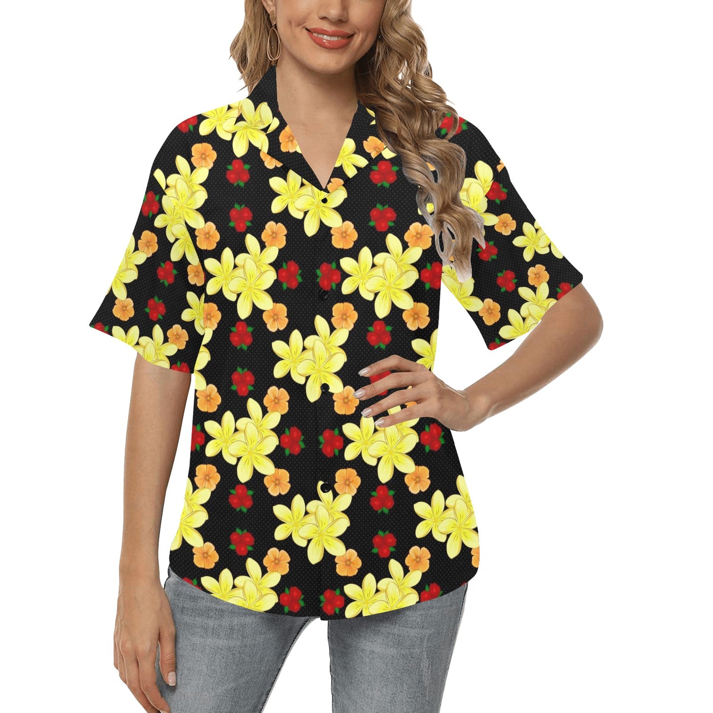 Yellow Plumeria Pattern Print Design PM04 Women's Hawaiian Shirt