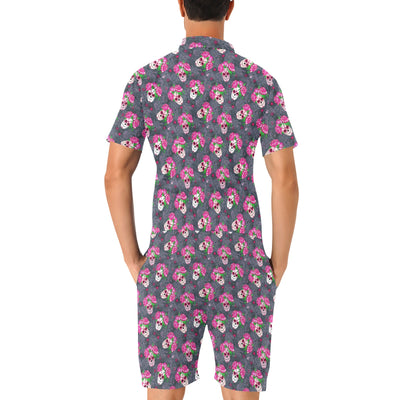 Sugar Skull Pink Rose Themed Print Men's Romper