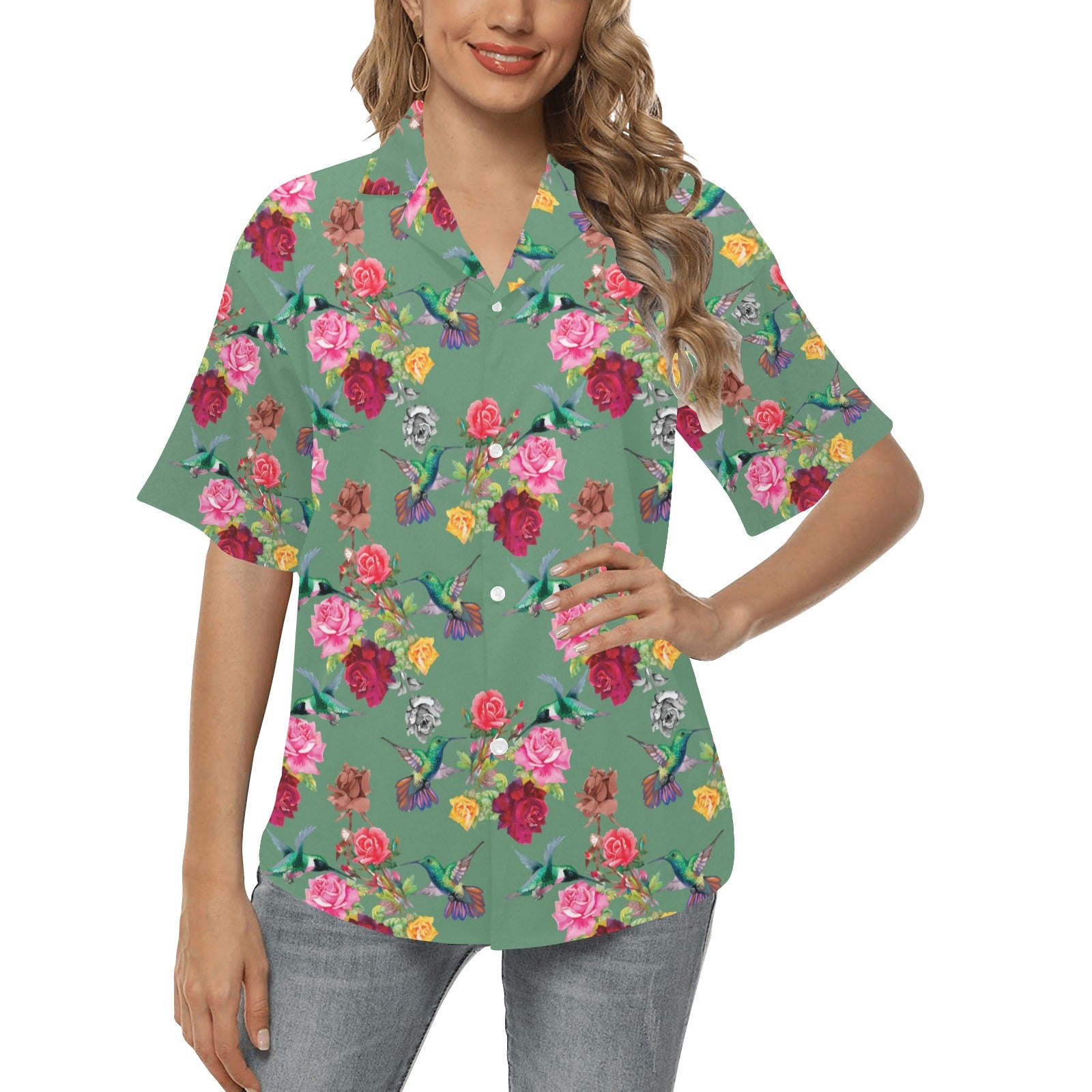 Hummingbird with Rose Themed Print Women's Hawaiian Shirt