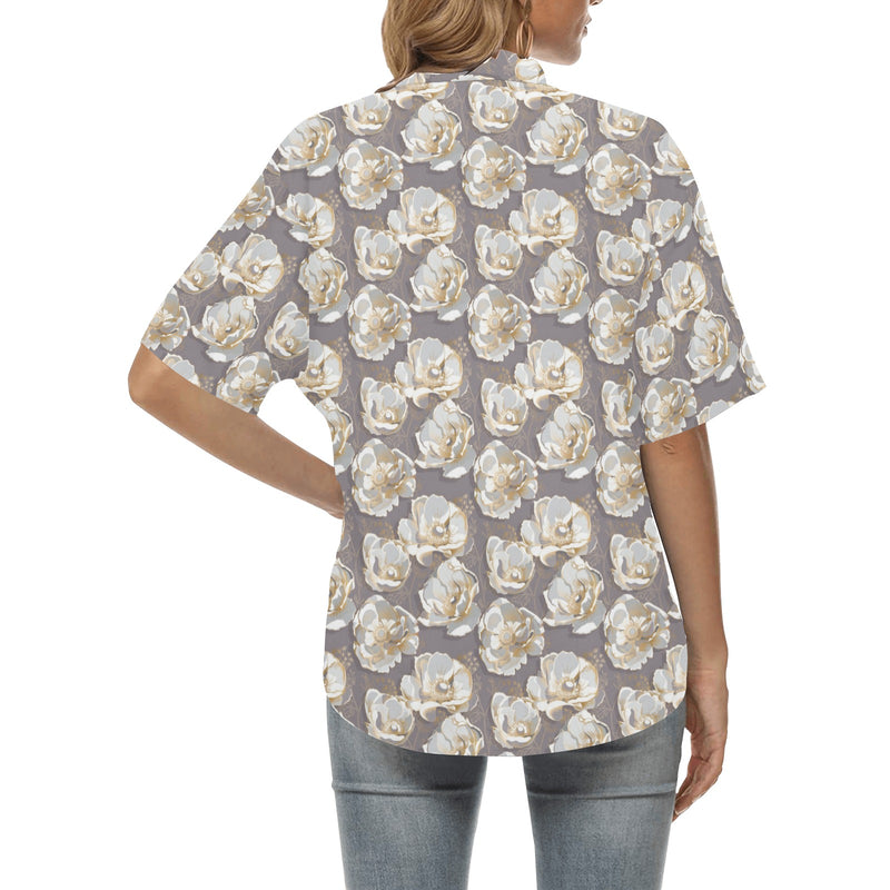 Elegant Grey Flower Print Women's Hawaiian Shirt