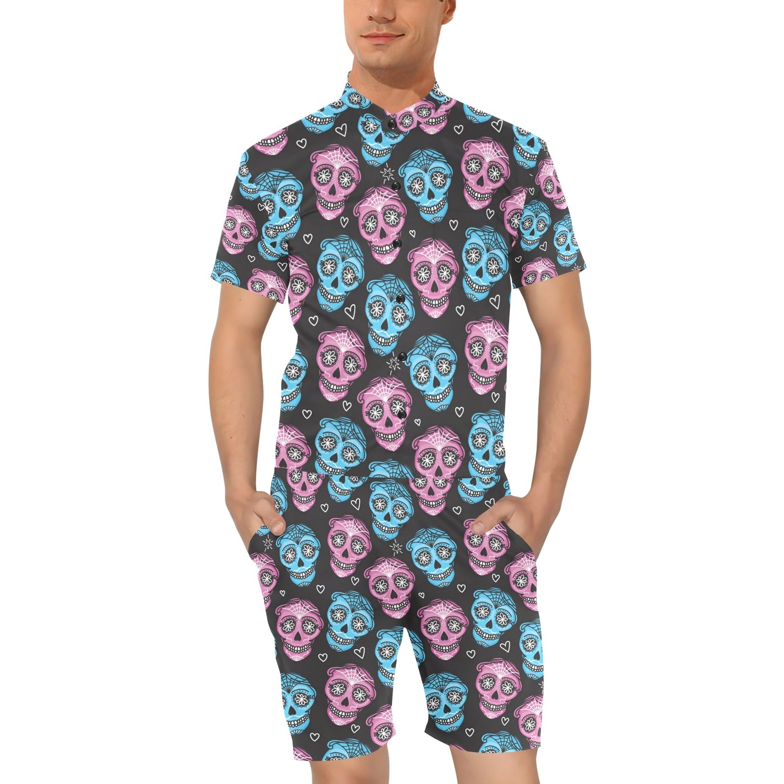 Day of the Dead Skull Print Pattern Men's Romper