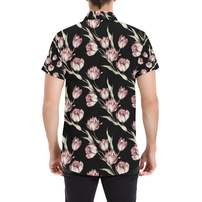 Tulip Pink Pattern Print Design TP02 Men's Short Sleeve Button Up Shirt