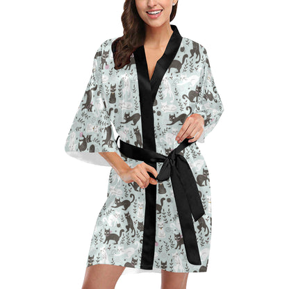Cat Pattern Print Design 08 Women's Short Kimono
