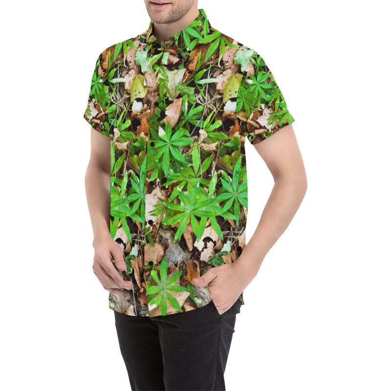 Camouflage Realistic Tree Fresh Print Men's Short Sleeve Button Up Shirt