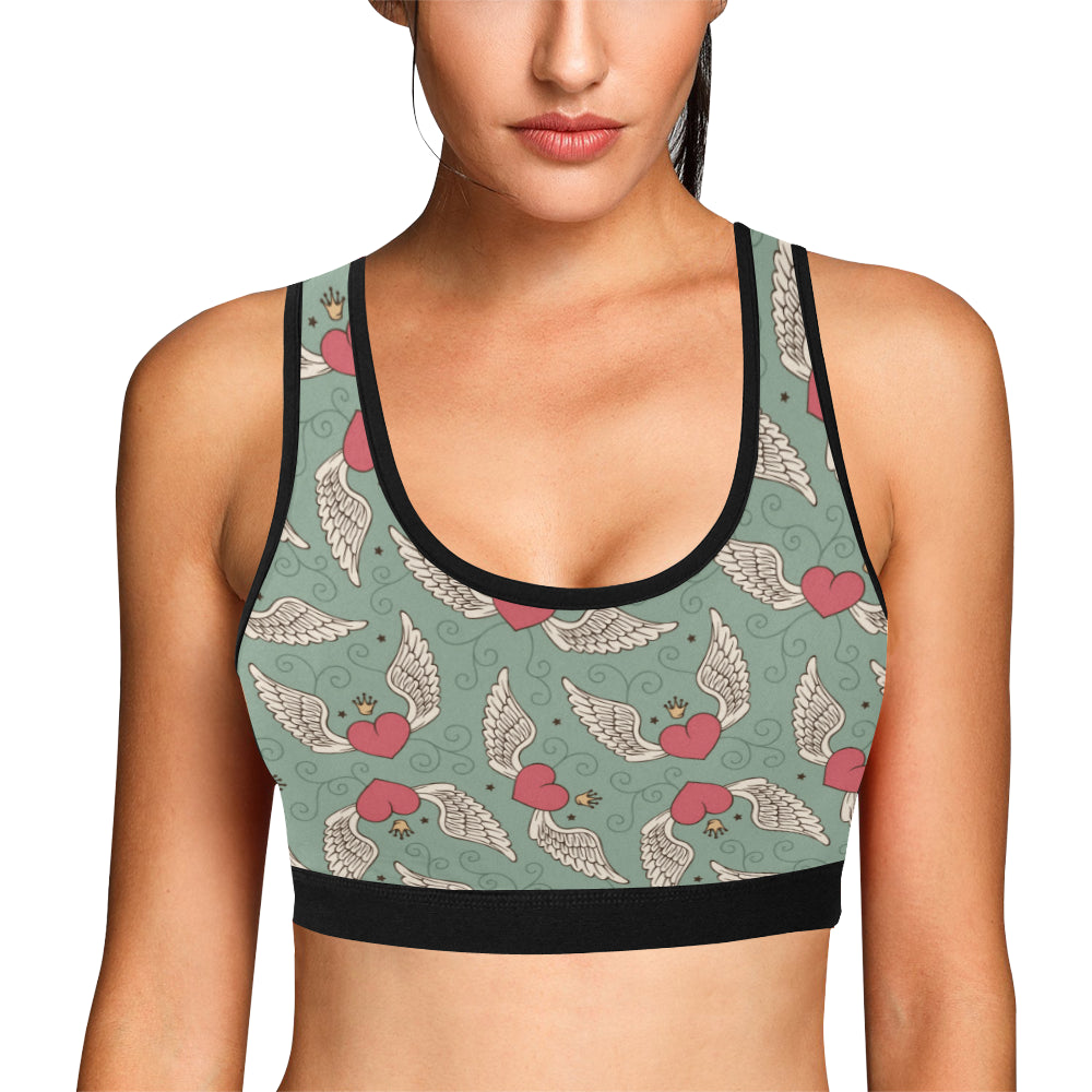 Angel Wings Heart Design Themed Print Sports Bra