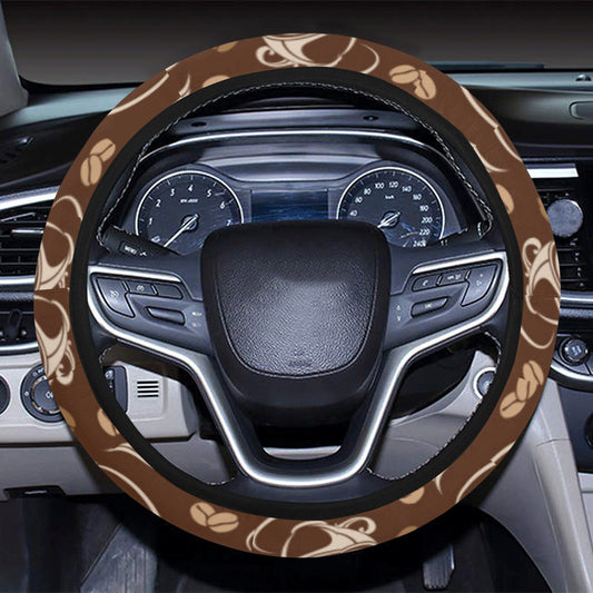 Coffee Pattern Print Design 03 Steering Wheel Cover with Elastic Edge