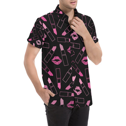 Lipstick Pink Pattern Print Design 01 Men's Short Sleeve Button Up Shirt
