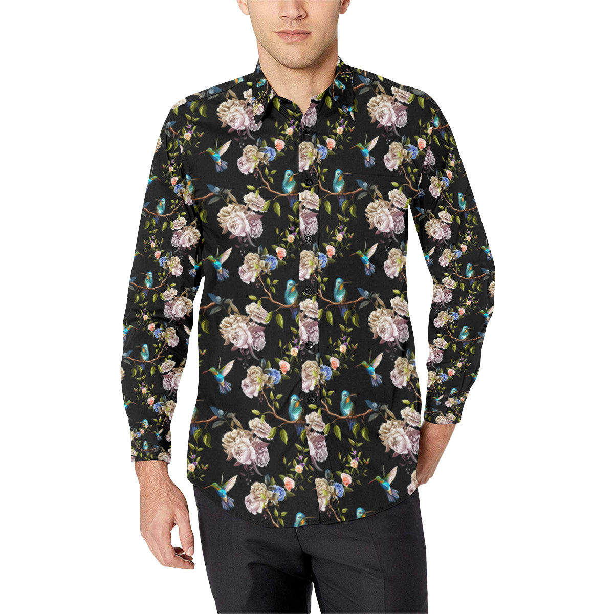 Hummingbird Flower Themed Print Men's Long Sleeve Shirt